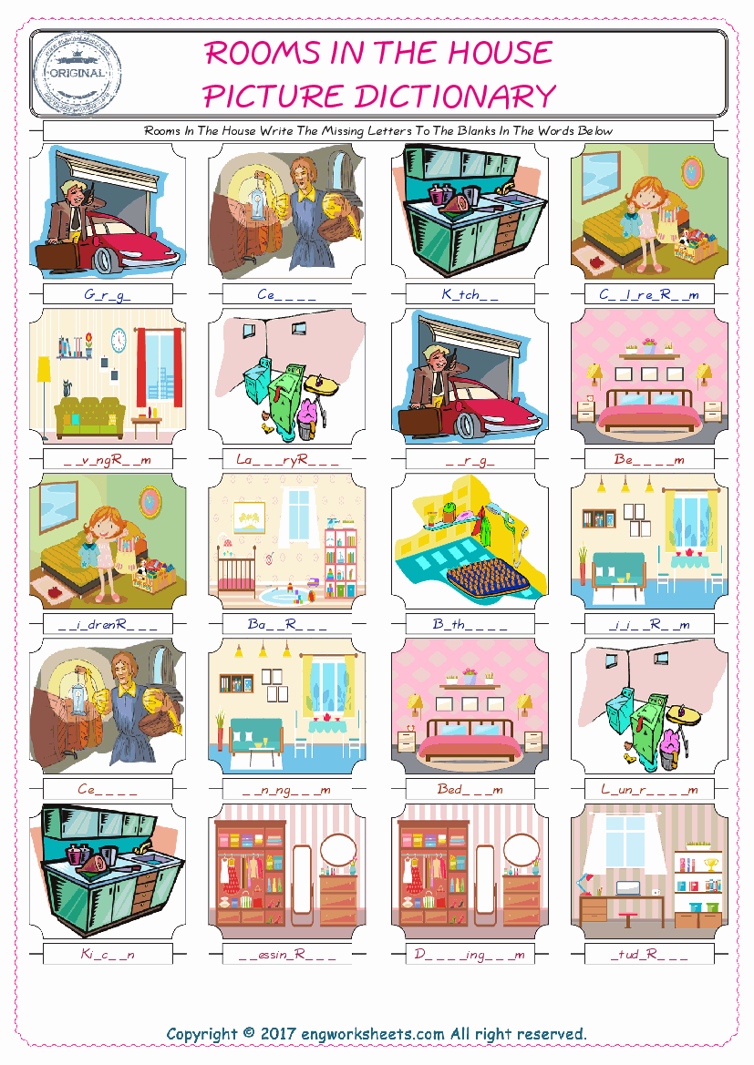  Rooms In The House Words English worksheets For kids, the ESL Worksheet for finding and typing the missing letters of Rooms In The House Words 